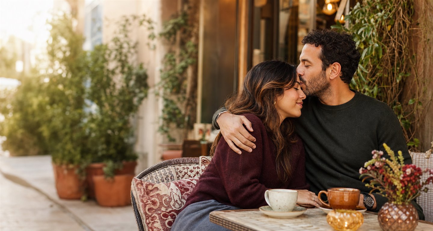 Adults connecting through an HSV dating site over coffee