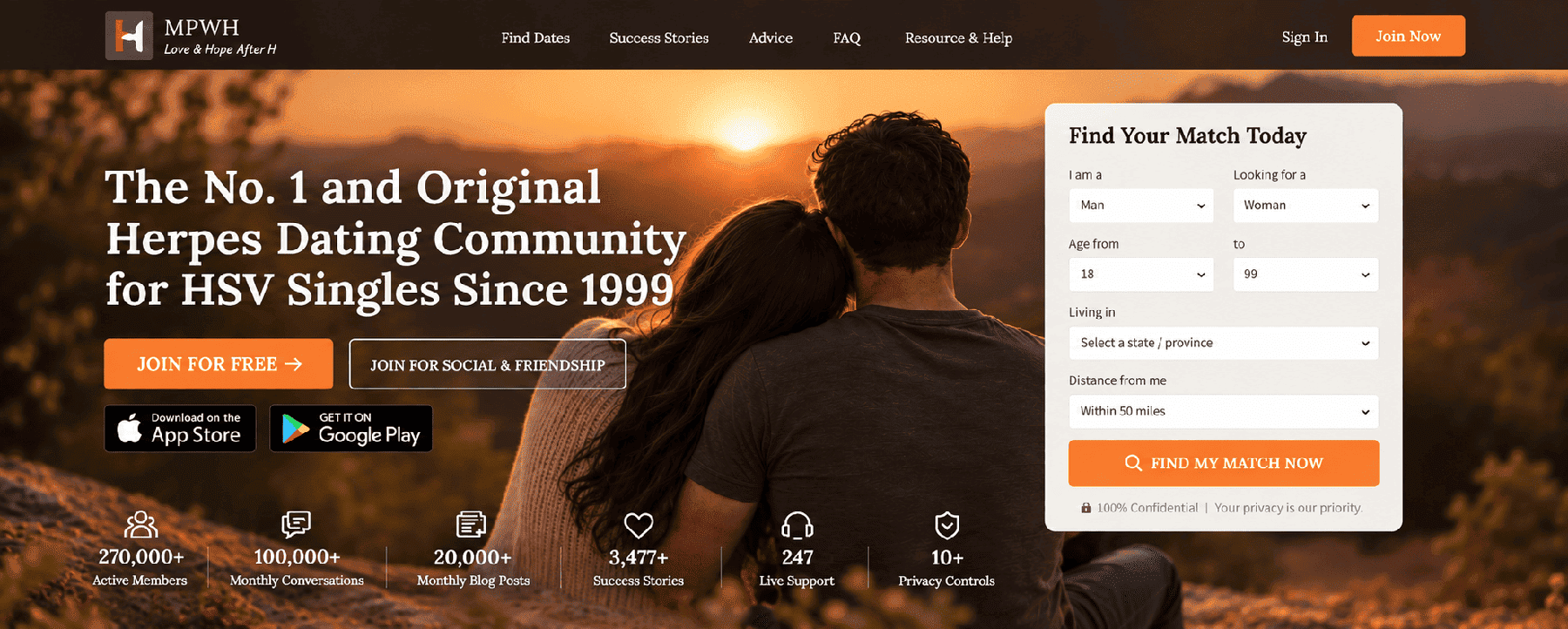 MPWH official homepage showing its HSV dating community and registration experience