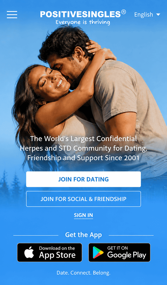 PositiveSingles mobile homepage displayed in a compact phone frame, not an in-app screen