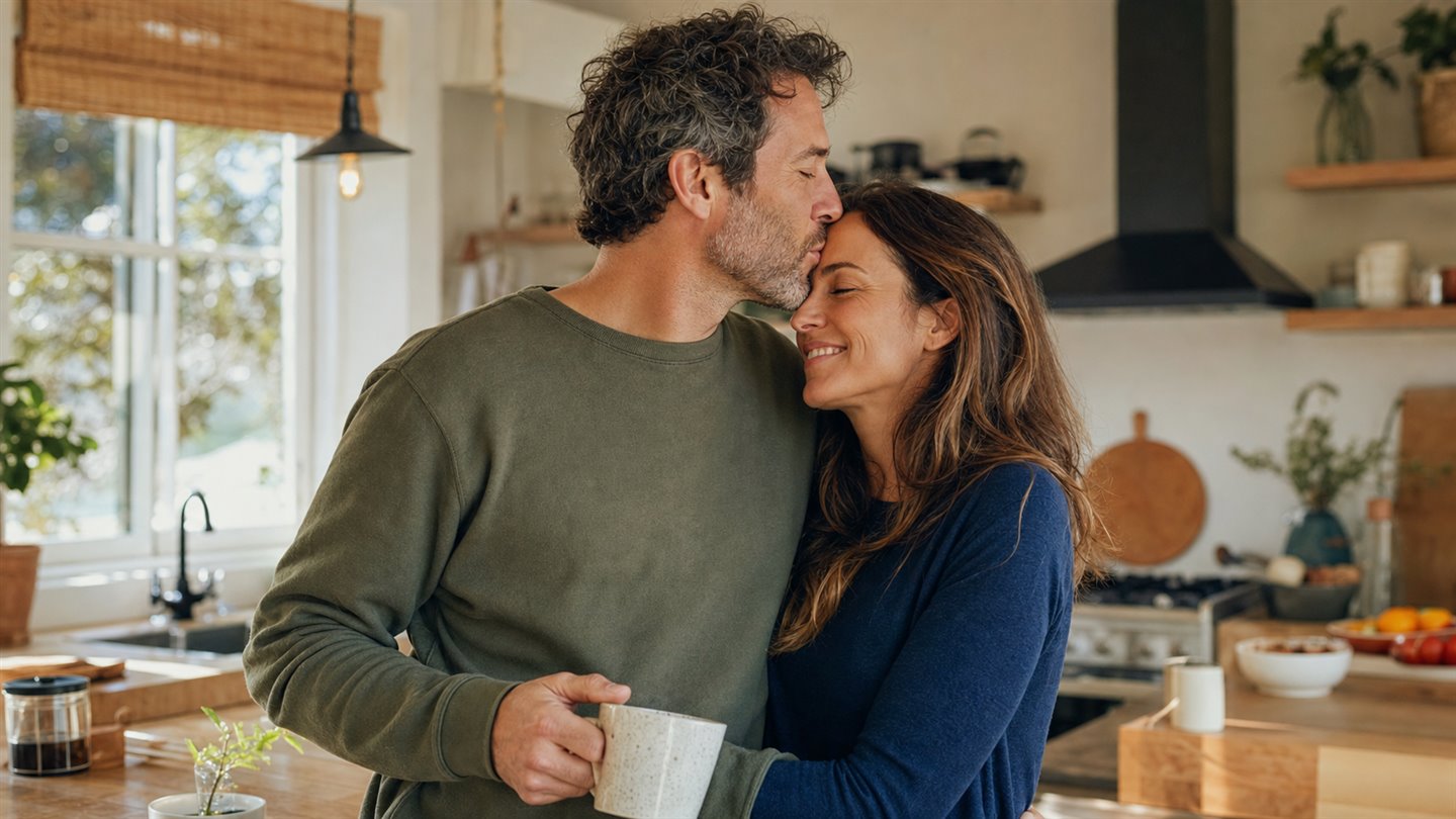 Adult heterosexual couple sharing affection in a long-term HSV relationship